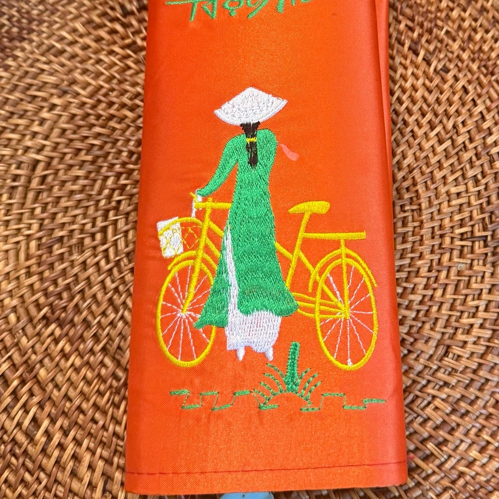 Embroidered Orange Fabric, Vietnamese purse with Green Design